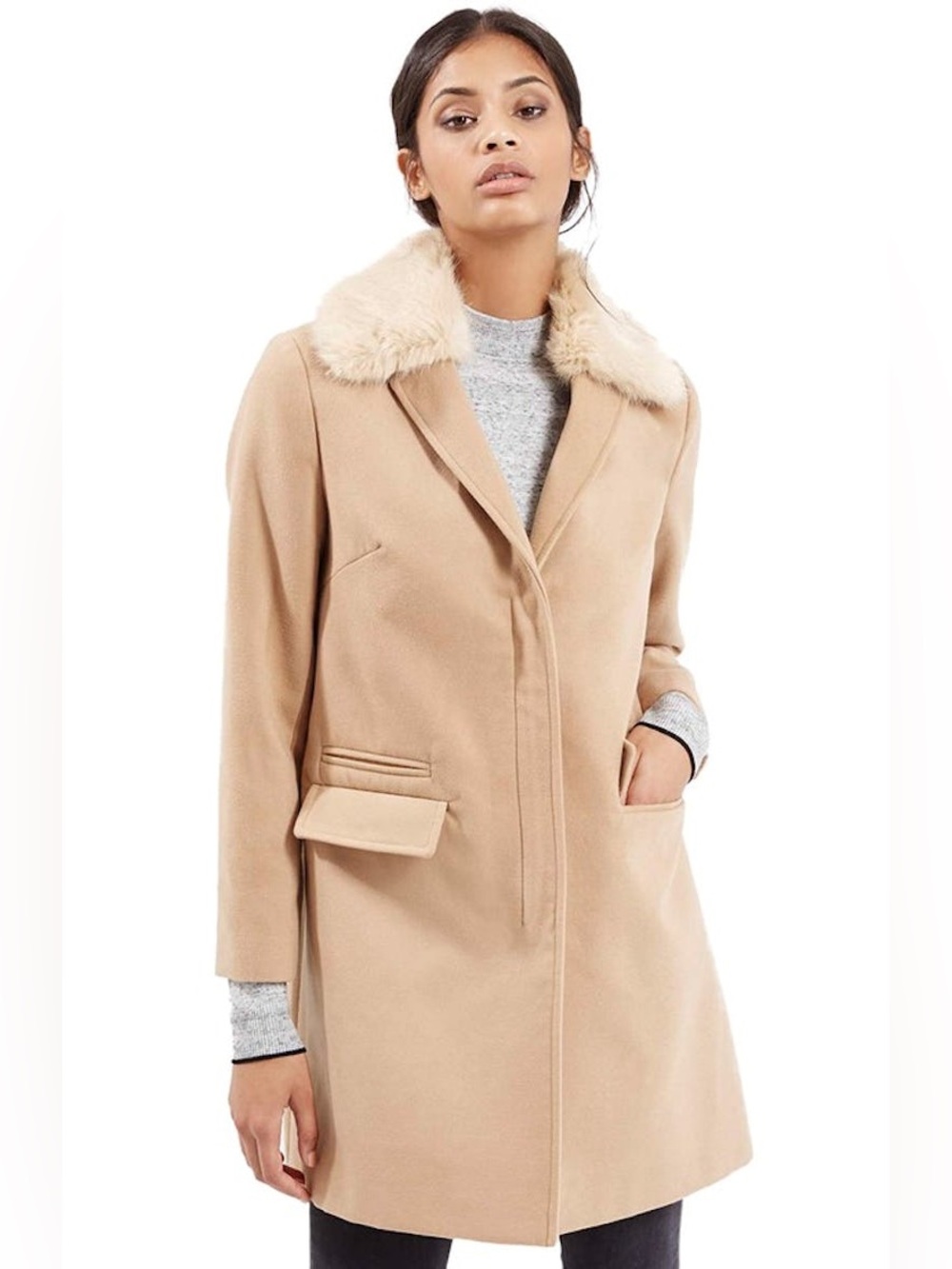 Top shop camel colored coat with detachable fur trim